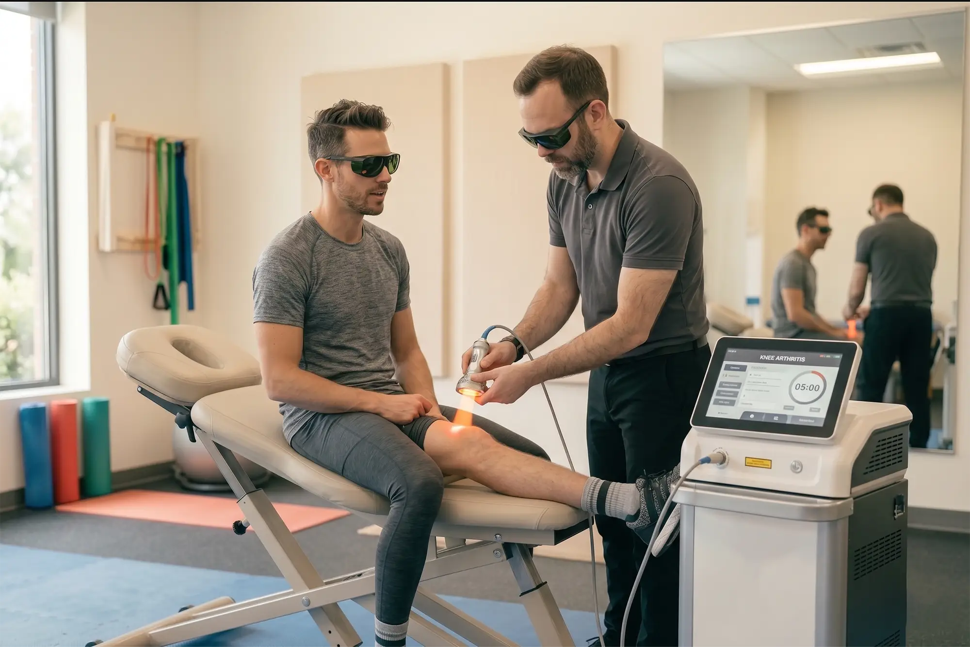 Clinician applying laser therapy to a patient's knee
