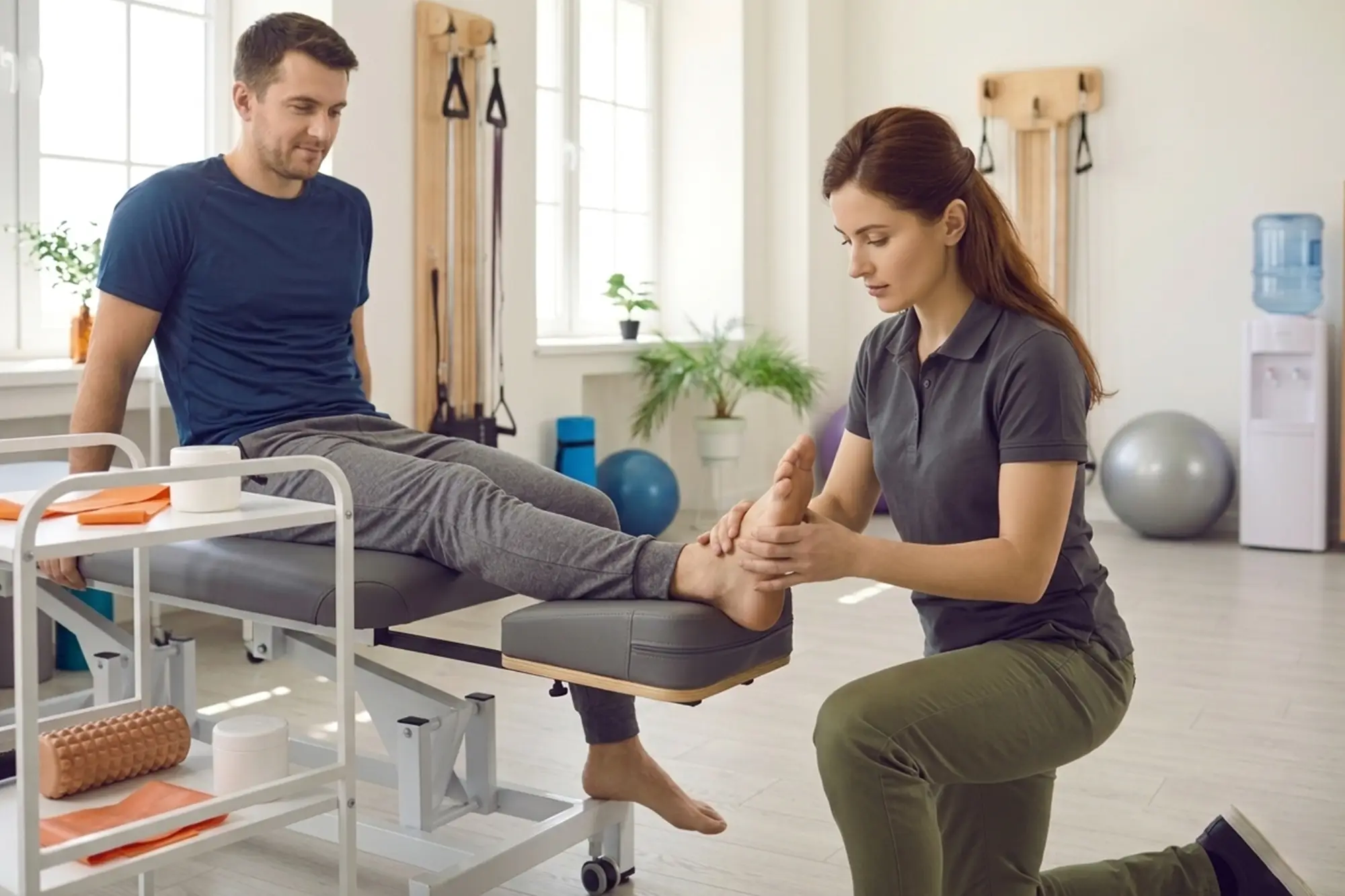 Physical therapist evaluating a patient's foot and ankle on a treatment table